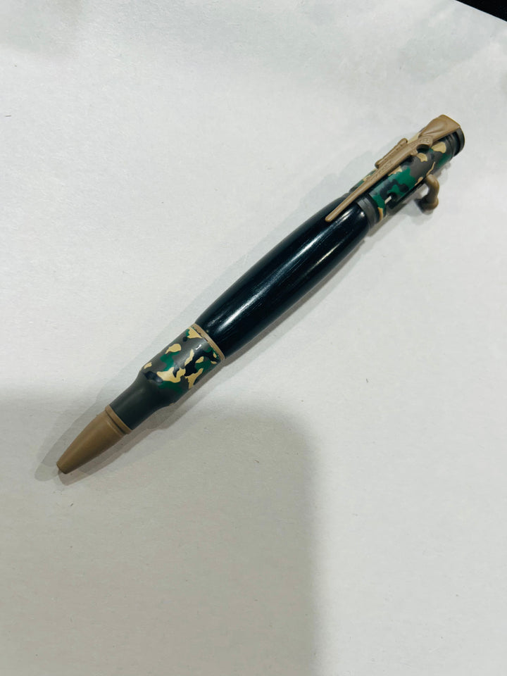 Ball point rifle pen with and camouflage painting  hardware . And with Blake Ebony wood. Friction finish.