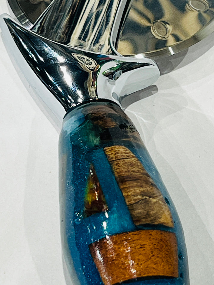 Pizza Cutter multi hardwood Turquoise Blue Acrylic Handle with Stainless Steel Rotary Blade 9804