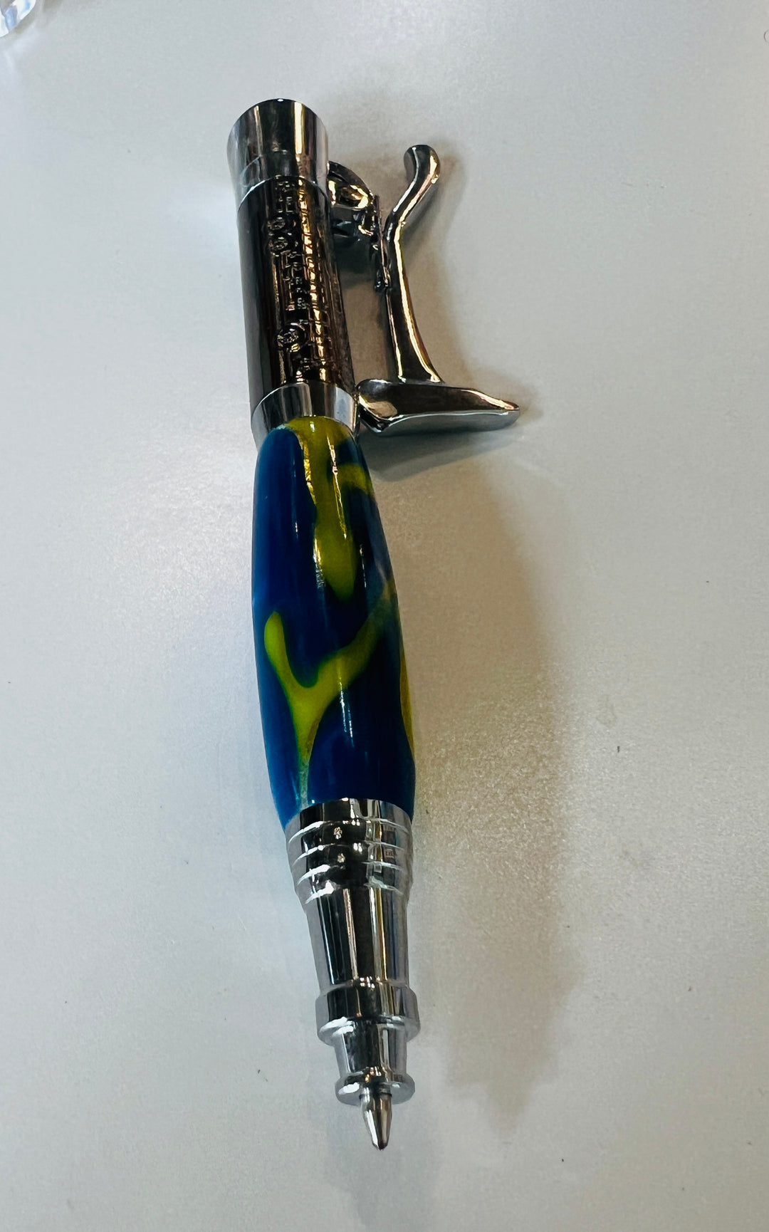 Pen Ballpoint Brown Blue Yellow Swirl Acrylic Ax with Lever Action Two Tone Silver Gunmetal Hardware