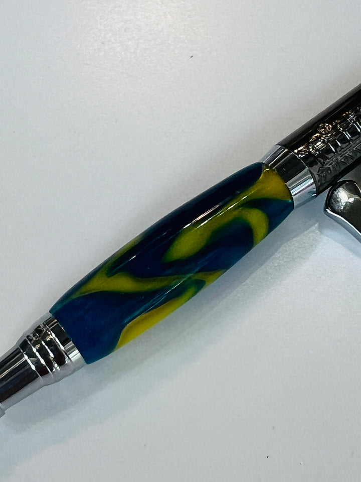 Pen Ballpoint Brown Blue Yellow Swirl Acrylic Ax with Lever Action Two Tone Silver Gunmetal Hardware