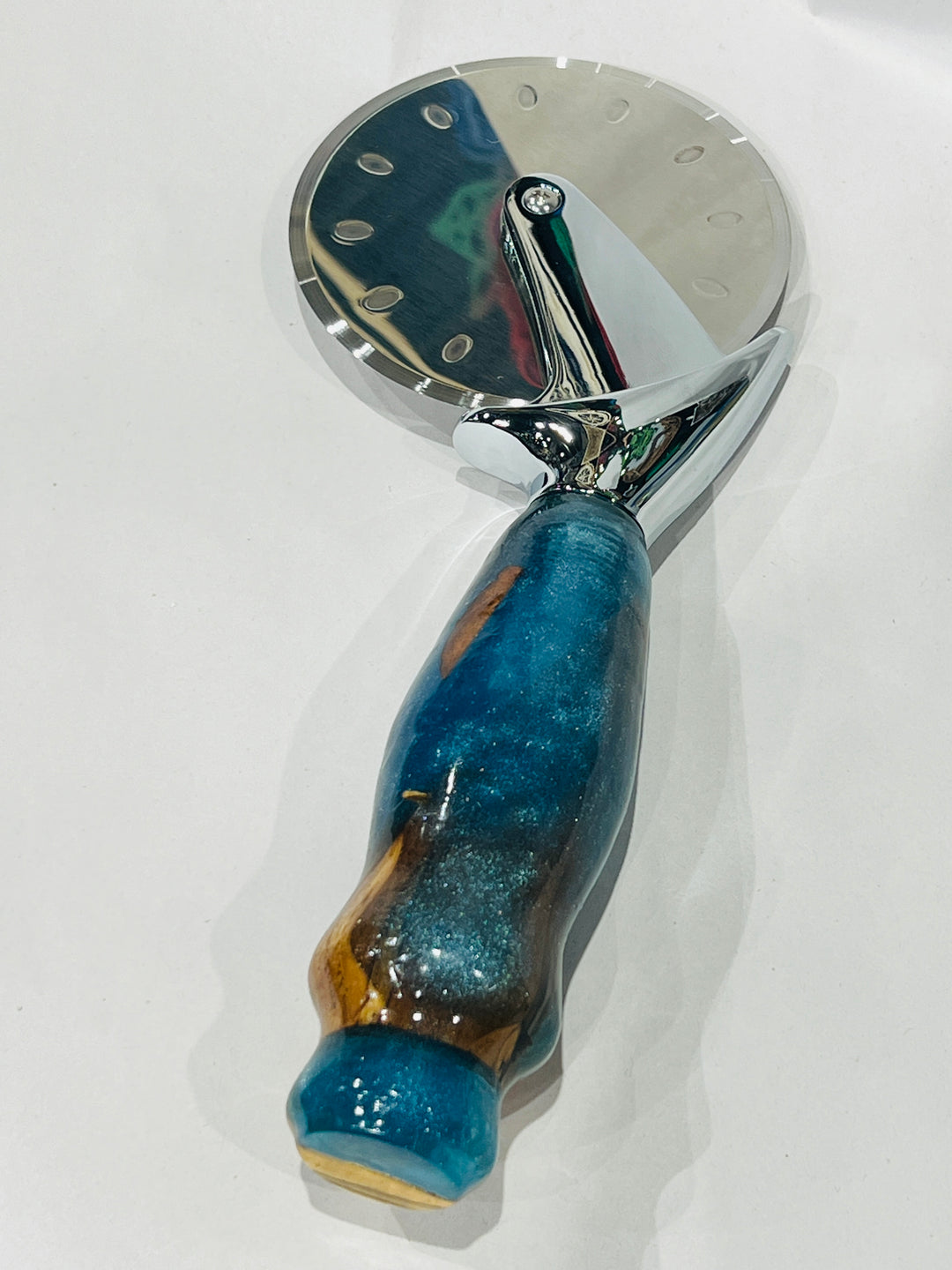 Pizza Cutter multi hardwood Turquoise Blue Acrylic Handle with Stainless Steel Rotary Blade 9804