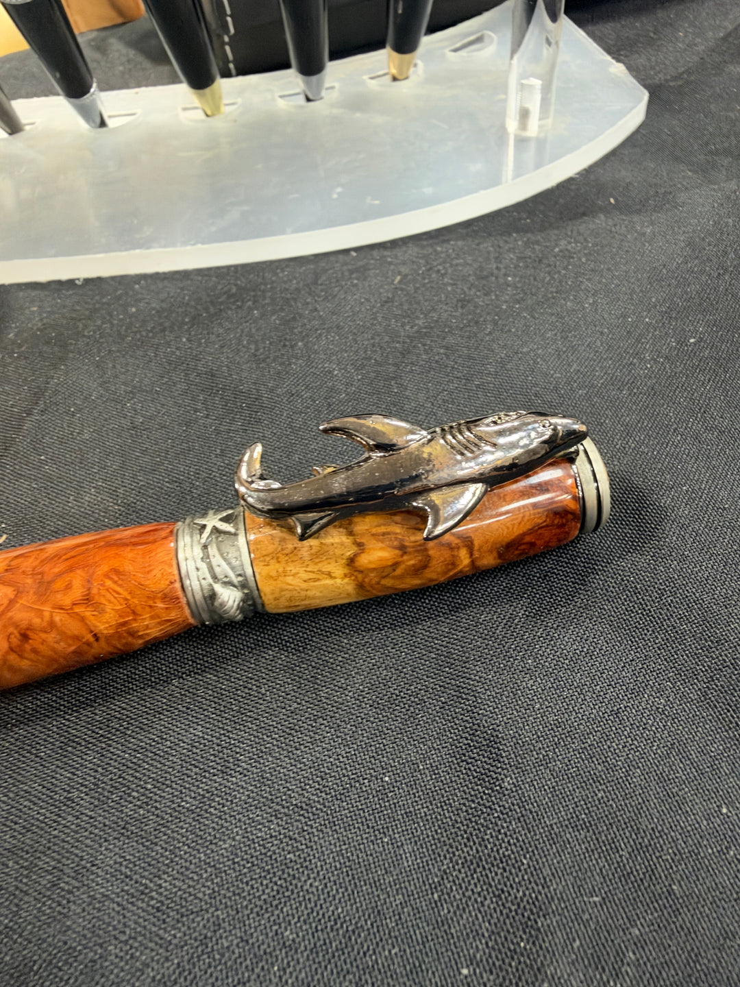 Rollerball Shark Pen Burl with Brushed Nickel Hardware