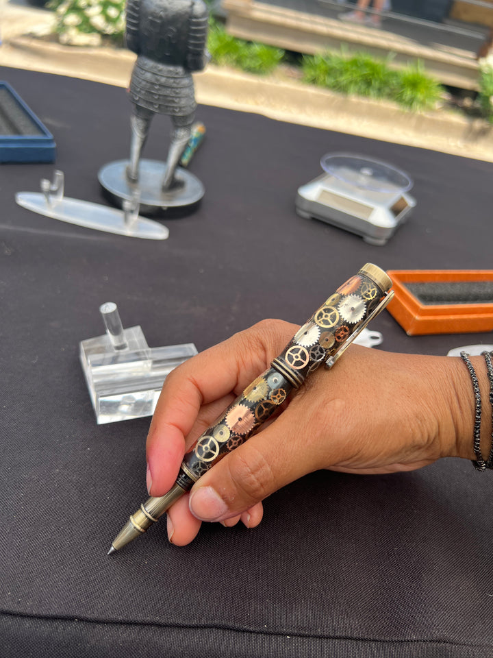 Pen Acrylic Black Watch Cogs with Screw on Top Ballpoint with Silver Hardware