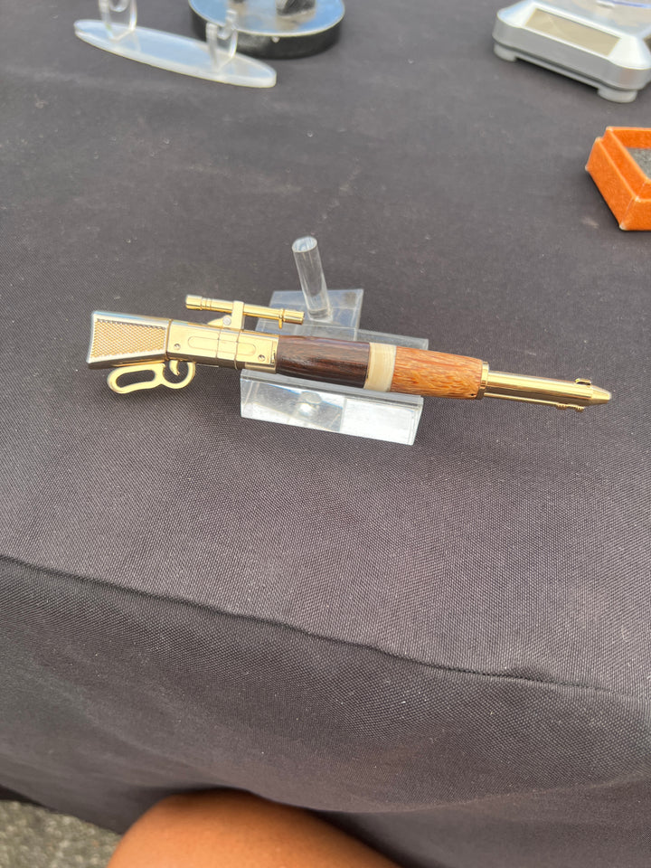 Pen Ballpoint Mammoth Bone, Red Palm and Walnut Sniper Rifle with Lever Action Gold Hardware