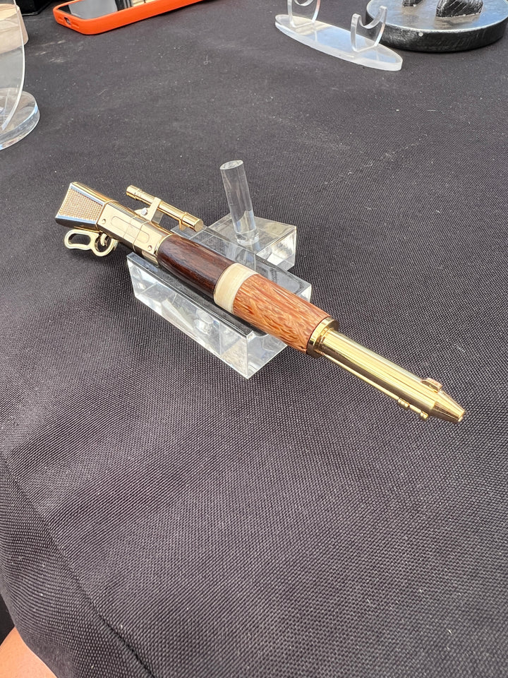 Pen Ballpoint Mammoth Bone, Red Palm and Walnut Sniper Rifle with Lever Action Gold Hardware