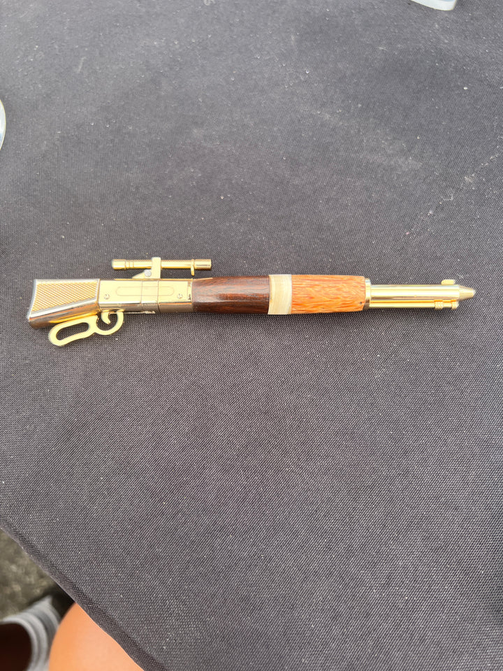 Pen Ballpoint Mammoth Bone, Red Palm and Walnut Sniper Rifle with Lever Action Gold Hardware