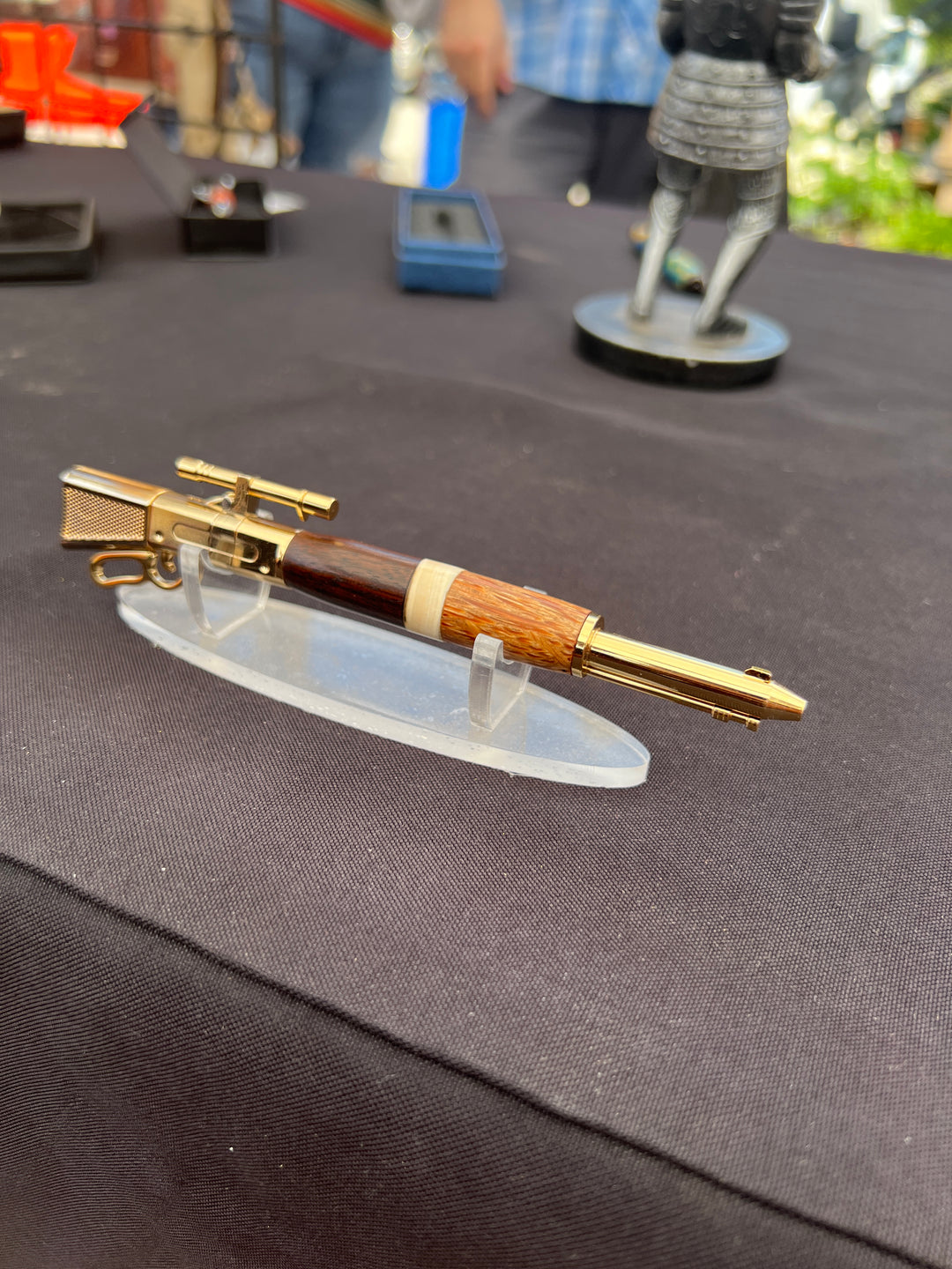 Pen Ballpoint Mammoth Bone, Red Palm and Walnut Sniper Rifle with Lever Action Gold Hardware