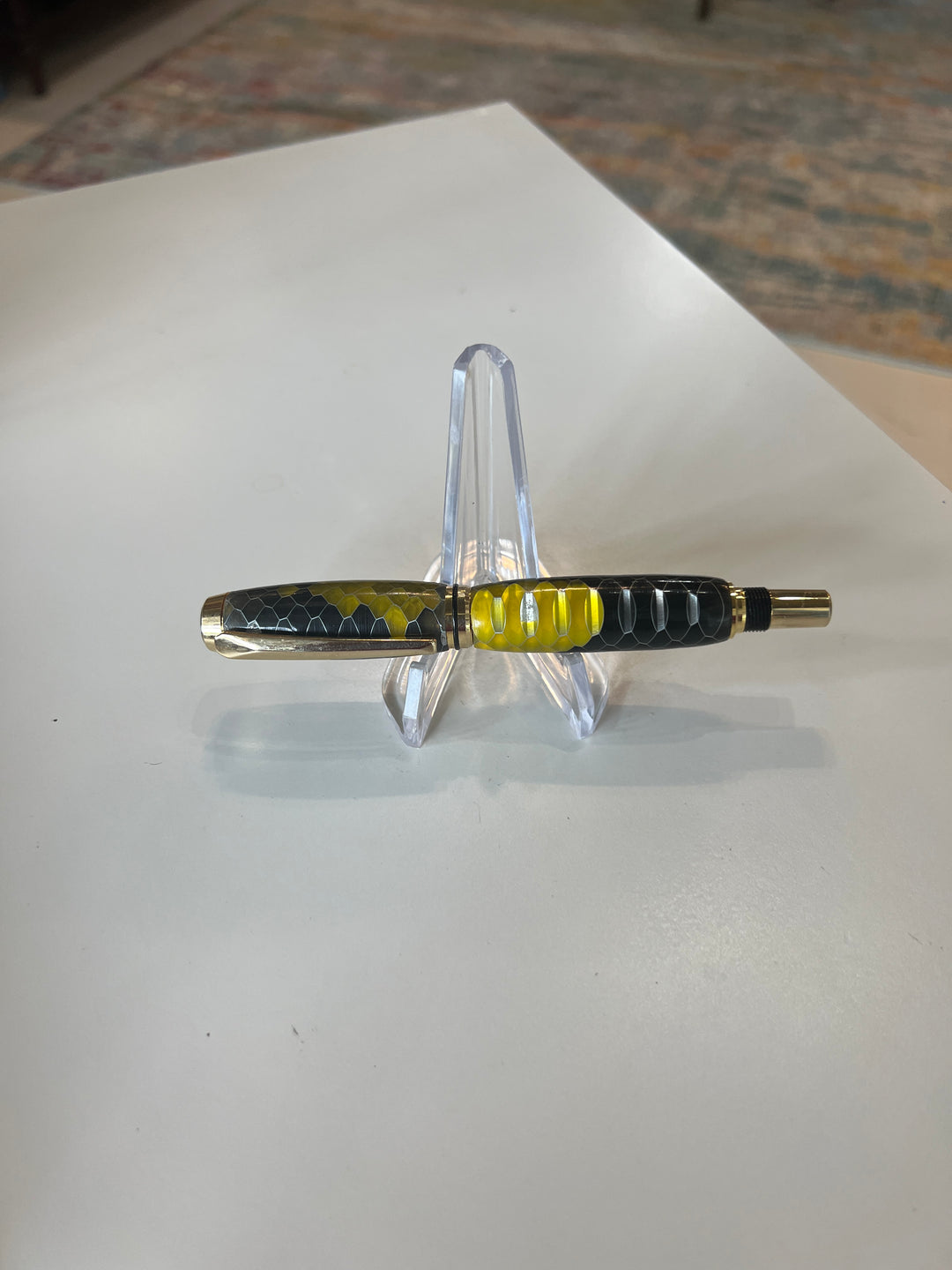 Pen Ballpoint Black Yellow Honeycomb Acrylic with Gold Hardware