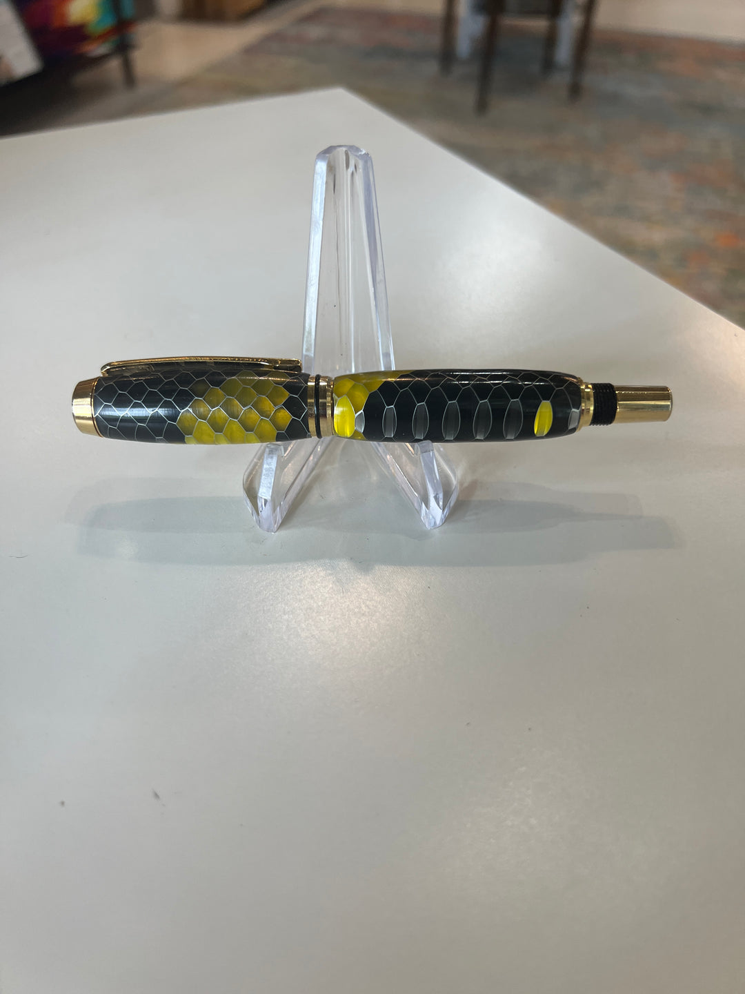 Pen Ballpoint Black Yellow Honeycomb Acrylic with Gold Hardware