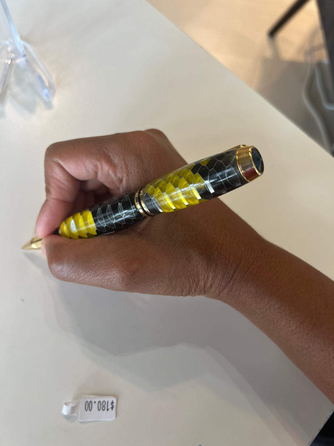 Pen Ballpoint Black Yellow Honeycomb Acrylic with Gold Hardware