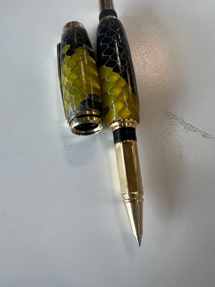 Pen Ballpoint Black Yellow Honeycomb Acrylic with Gold Hardware