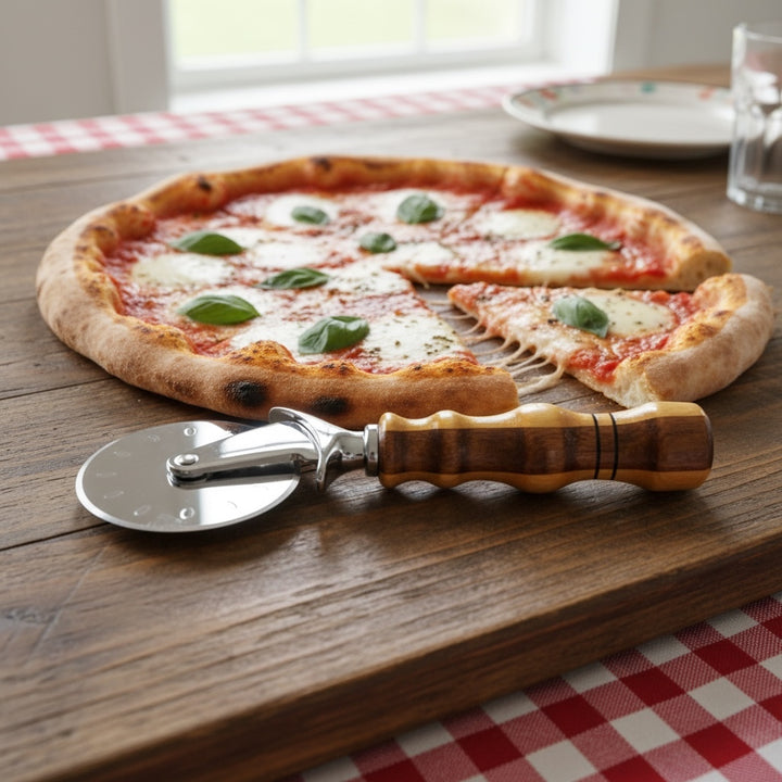 Pizza Cutter Walnut and Maple Hardwood Handle with Stainless Steel Rotary Blade 8001