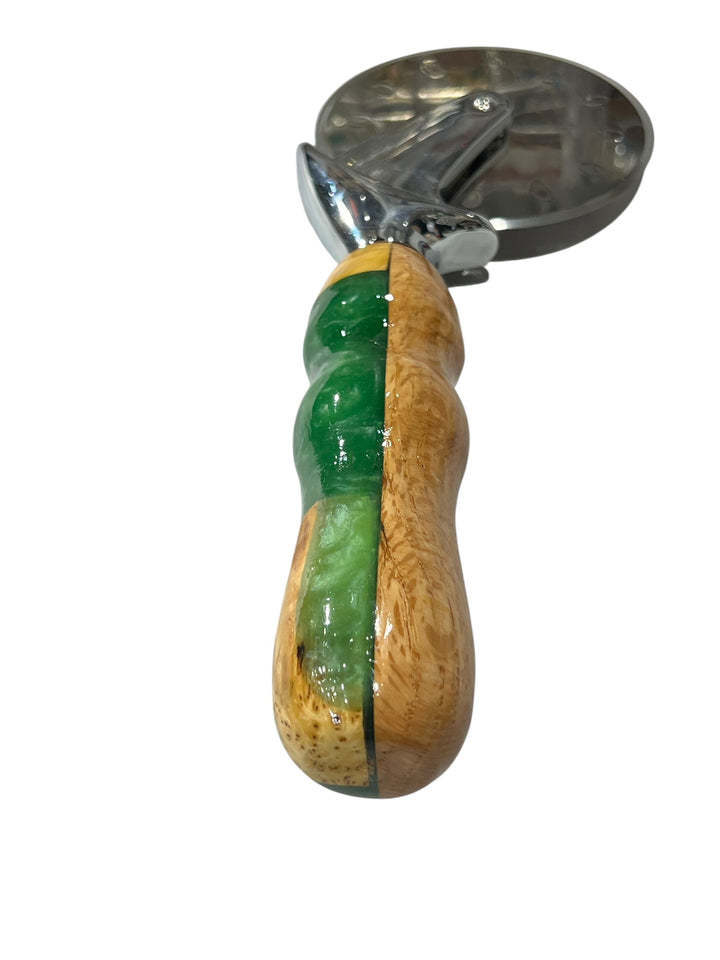 Pizza Cutter Acrylic and Multiple Hardwoods Handle with Stainless Steel Rotary Blade 8003
