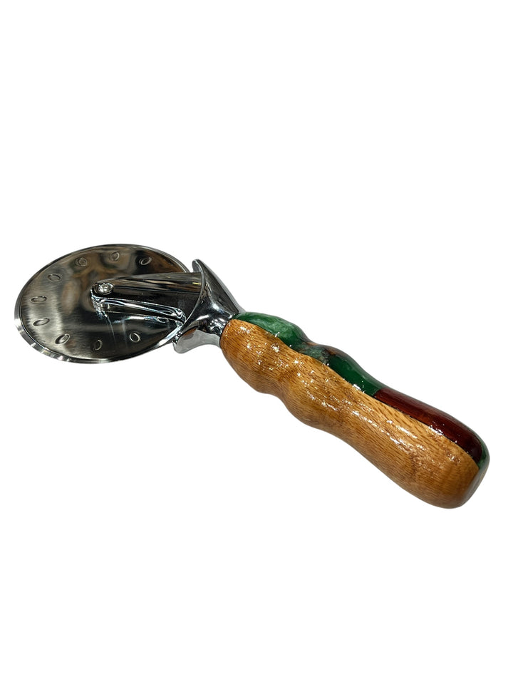 Pizza Cutter Acrylic and Multiple Hardwoods Handle with Stainless Steel Rotary Blade 8003