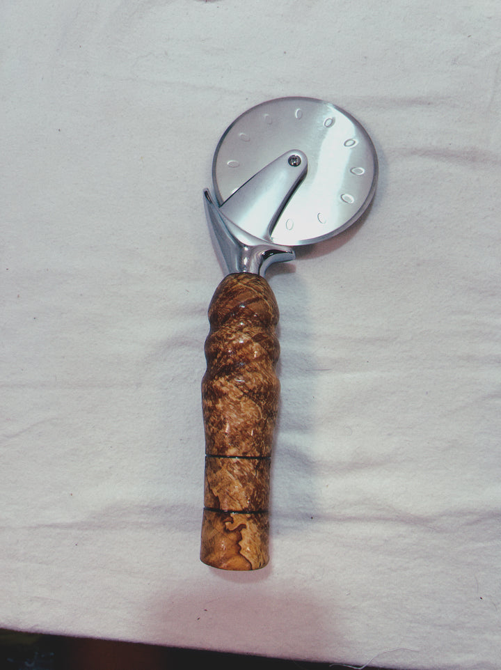 Pizza Cutter Spalted Pecan Hardwood Handle with Stainless Steel Rotary Blade 9969