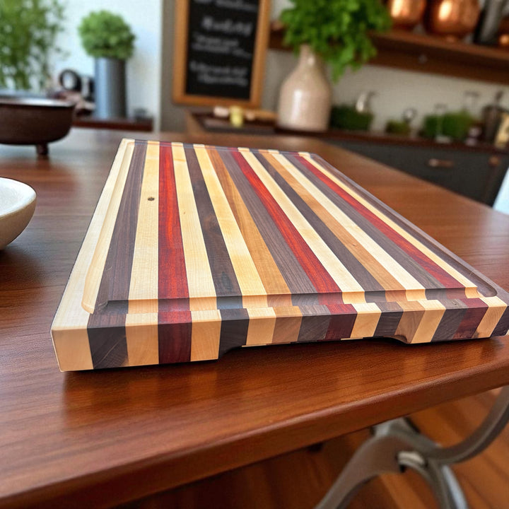 Edge Grain Walnut, Padauk, Maple, and Cherry Cutting Board