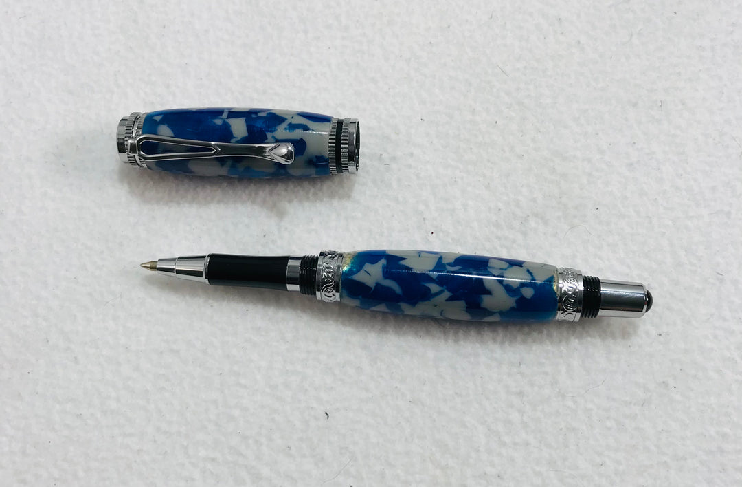 Pen Ballpoint Blue and Gray Acrylic Pen with Silver Metal Hardware