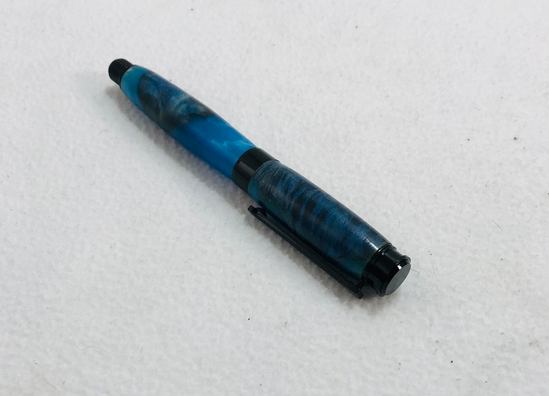 Pen Ballpoint Screw Cap Blue Turquoise Acrylic and Walnut Burl with Black Hardware