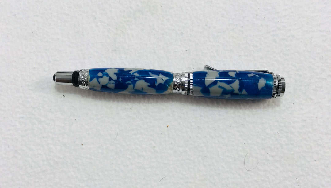 Pen Ballpoint Blue and Gray Acrylic Pen with Silver Metal Hardware