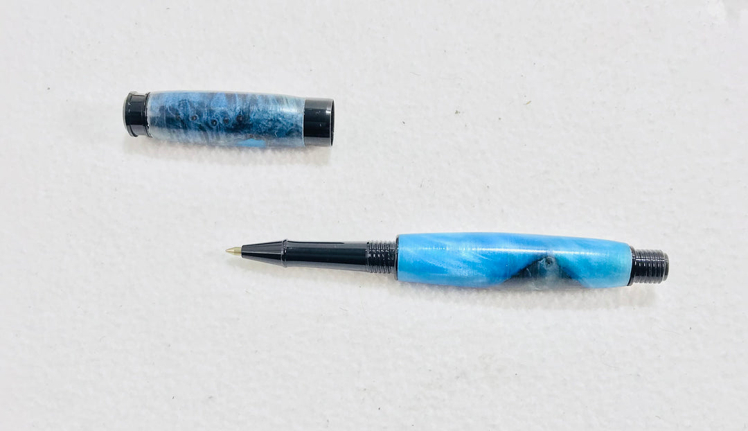 Pen Ballpoint Screw Cap Blue Turquoise Acrylic and Walnut Burl with Black Hardware