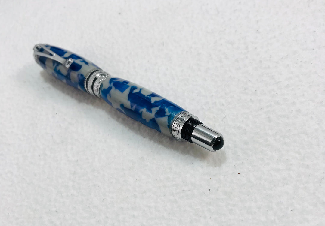 Pen Ballpoint Blue and Gray Acrylic Pen with Silver Metal Hardware