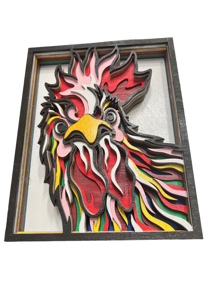 Wall Decoration Rooster Peeking Colorful 3D Art Multilayer Wood Art