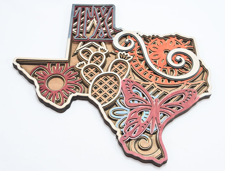Wall Decoration Texas Cactus Butterfly Flower Mandala 3D Art Multilayer Texas Wood Art