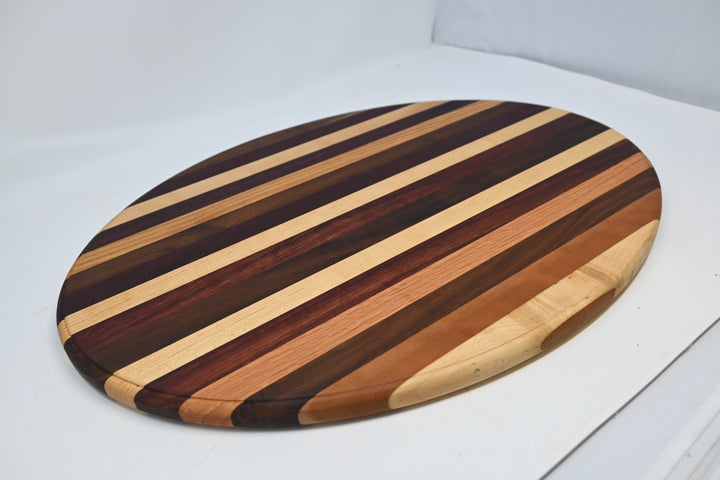 Cutting Board Stripe Padauk, Maple, Purple Hrt & Hickory Oval shaped
