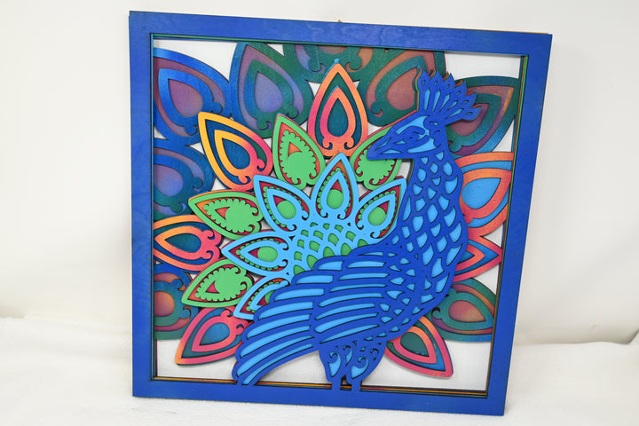 Wall Decoration Peacock in Frame Colorful Layer Wood Art Mandala 3D Art Multi-Layer