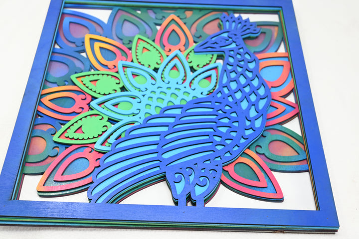 Wall Decoration Peacock in Frame Colorful Layer Wood 3D Art Mandala 2392