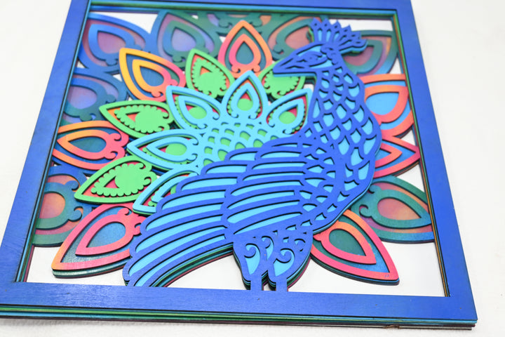 Wall Decoration Peacock in Frame Colorful Layer Wood Art Mandala 3D Art Multi-Layer