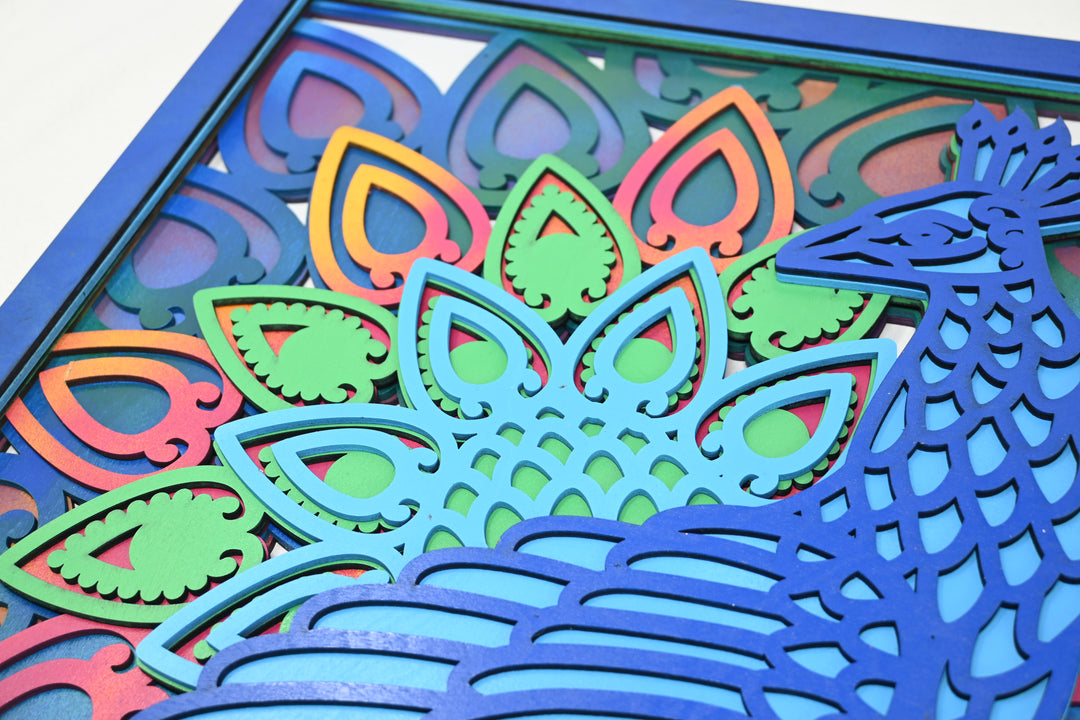 Wall Decoration Peacock in Frame Colorful Layer Wood Art Mandala 3D Art Multi-Layer