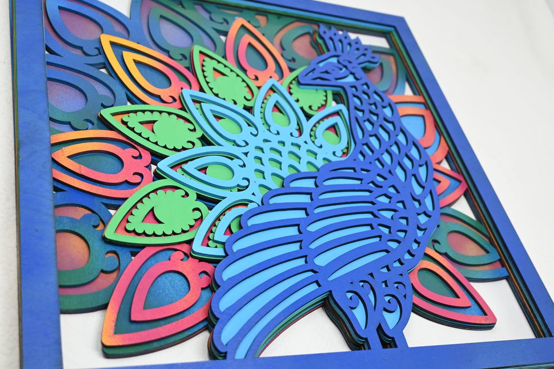 Wall Decoration Peacock in Frame Colorful Layer Wood Art Mandala 3D Art Multi-Layer