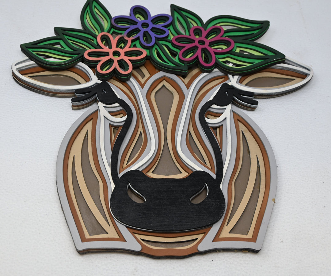 Wall Decoration Cow with Flowers Layer Wood Art Mandala 3D Art Multilayer Art Home Decor