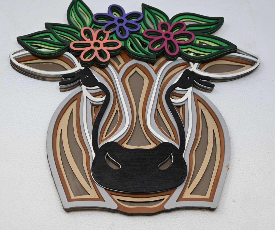 Wall Decoration Cow with Flower Crown Multi Layer Mandala Wood 3D Art