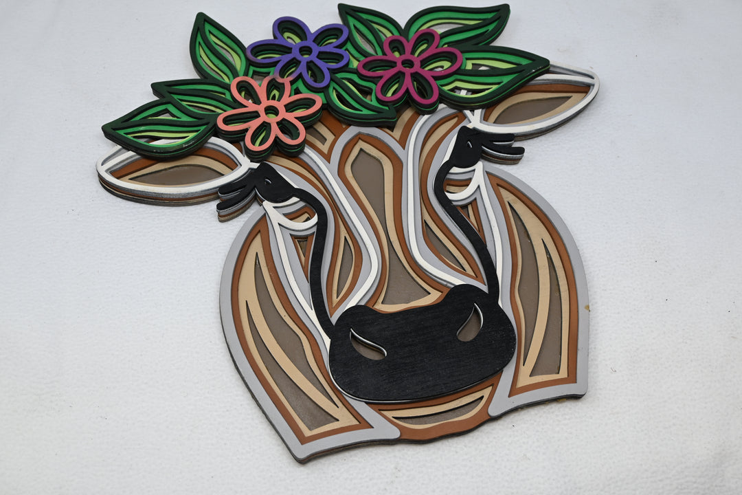 Wall Decoration Cow with Flower Crown Multi Layer Mandala Wood 3D Art