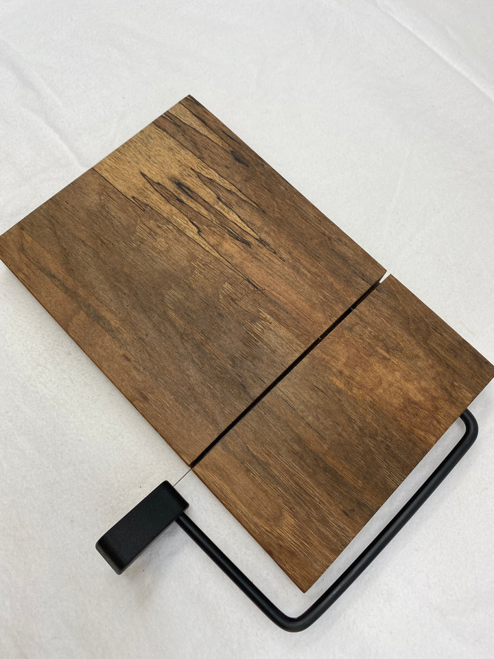 Cheese Slicer Spalted Pecan 10 inch x 8 inch x 1 inch Face Grain Black Handle Cheeseboard