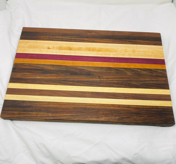 Cutting Board Purple Hrt, Walnut, Cherry, & Maple Stripe Edge Grain