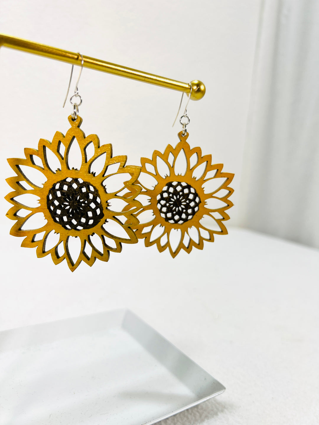 Earrings Wood Sunflower Dangle Drop