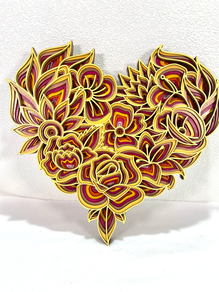 Wall Decoration Heart Pink Yellow Floral Flower Layer Wood Art Mandala 3D Art Multilayer Art