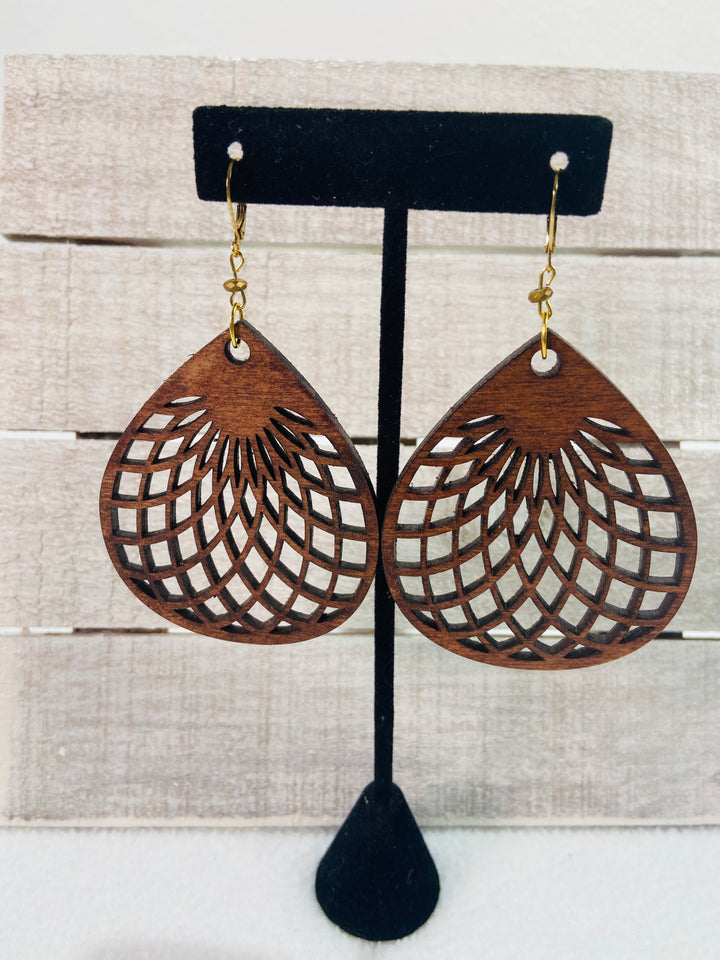 Earrings Wood Teardrop Pattern Large Dangle Drop