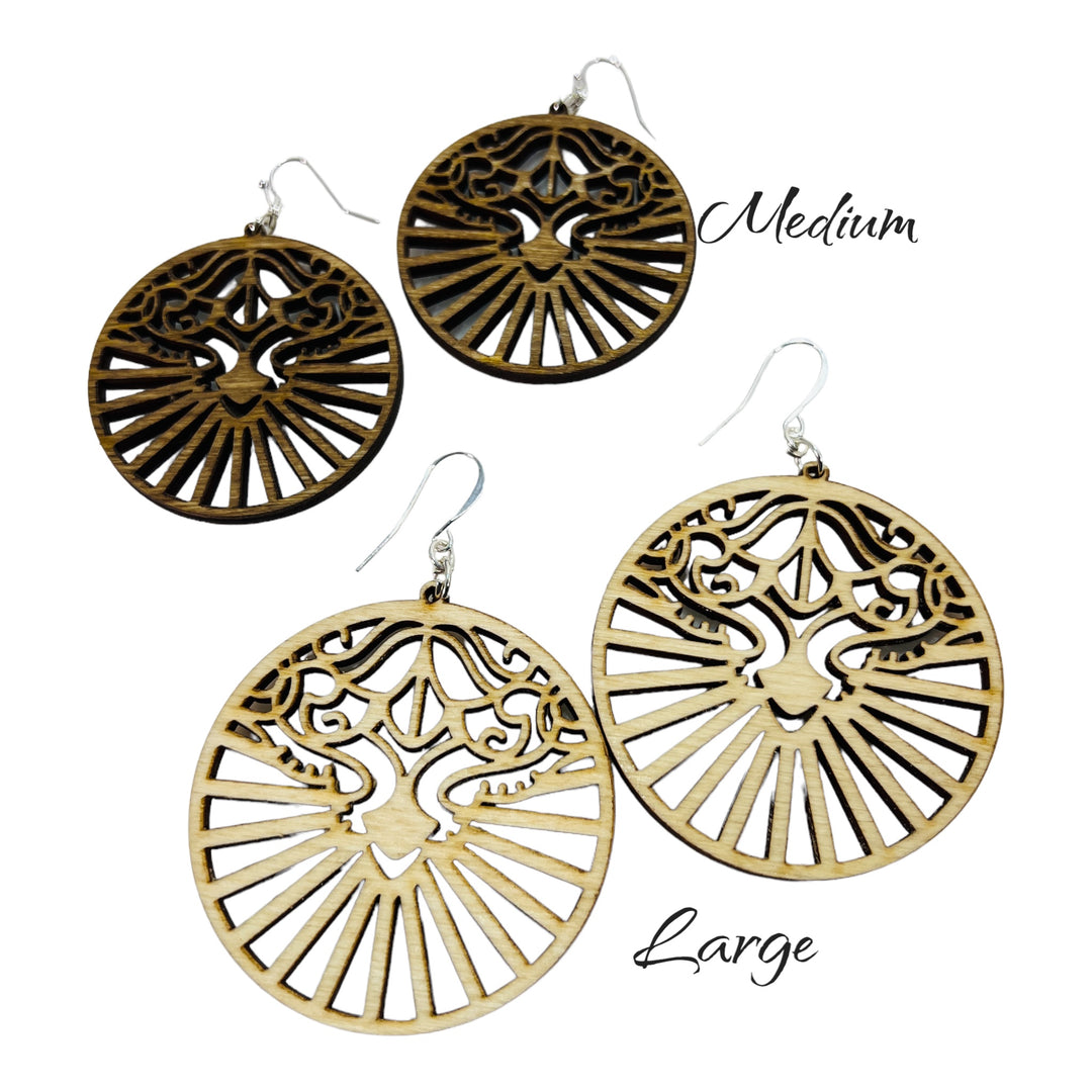 Earrings Wood Filigree Pattern Round Circle Dangle Drop