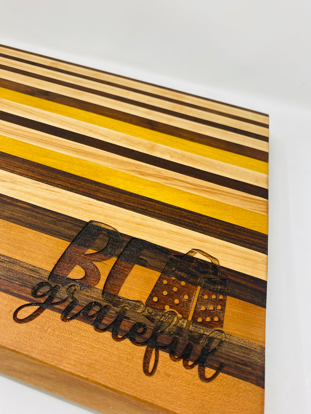 Cutting Board Stripe Walnut, Yellow Heart Maple & Cherry Stripe “Be Grateful” Edge Grain Chopping Block 7028