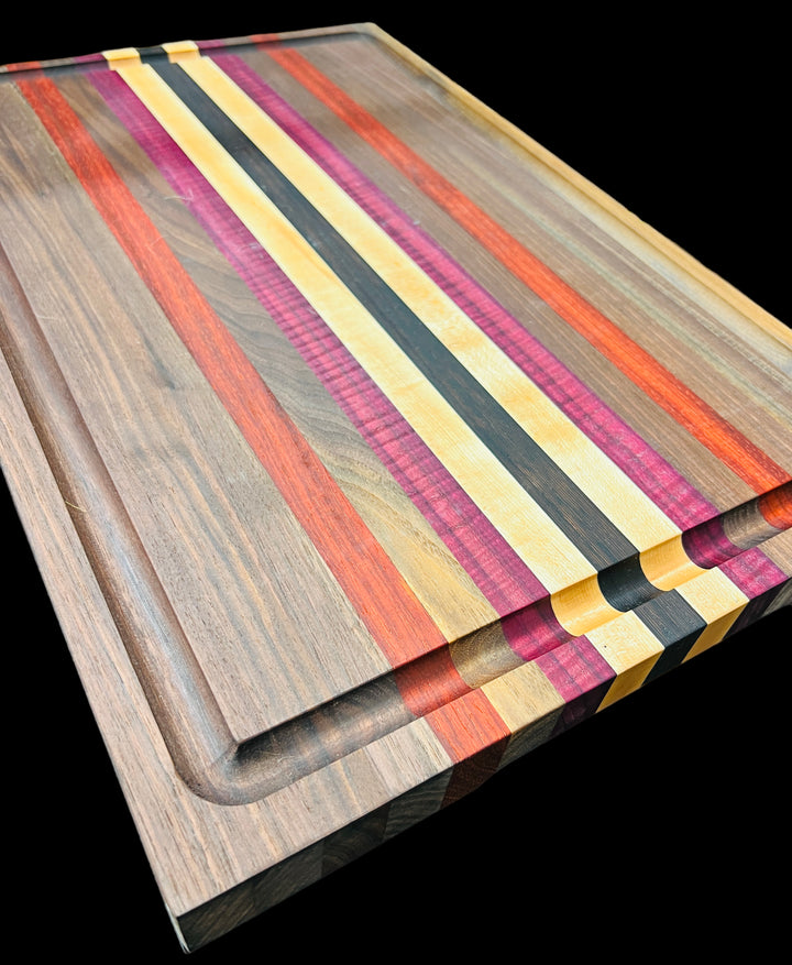 Cutting Board Stripe Multi Exotic Wood with Juice Groove Butcher Block Edge Grain