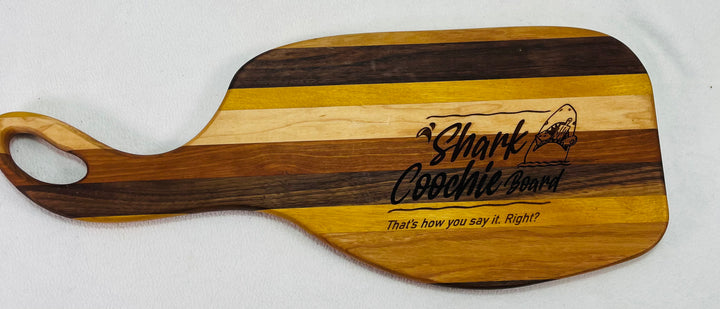 Charcuterie Board Multi Exotic Wood Face Grain Engraved "Shark Coochie..." 8114