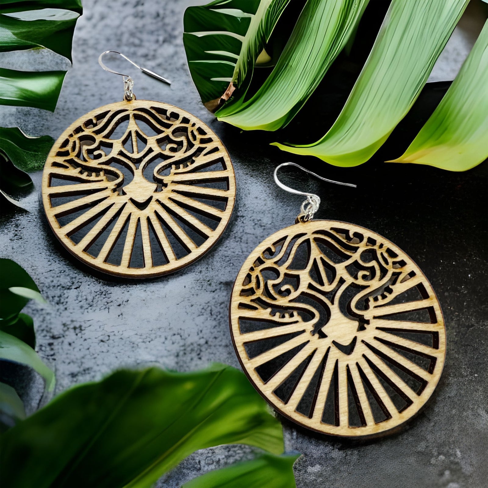 Earrings Wood Filigree Pattern Round Circle Dangle Drop