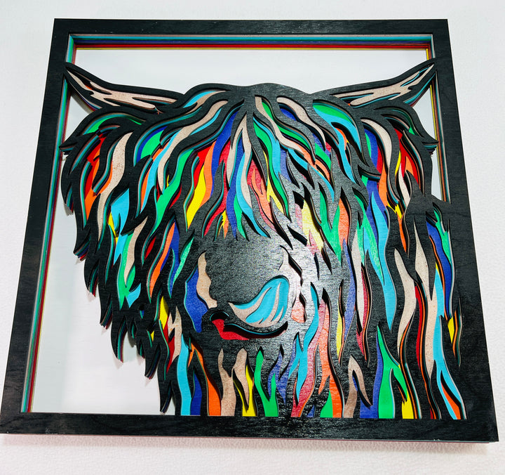 Wall Decoration Highland Cow Colorful Layer Wood Art 3D Art Multi-Layer Wood Art
