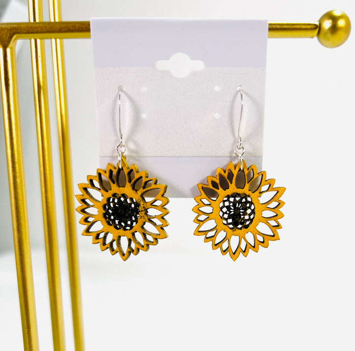 Earrings Wood Sunflower Dangle Drop