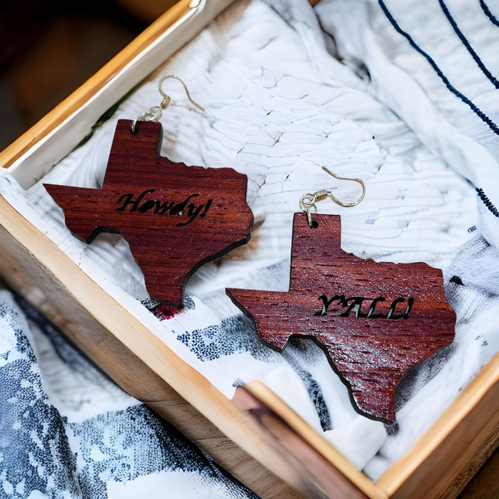 Earrings Wood Padauk State of Texas Engraved Dangle Drop Sterling Silver 925 Vermeil