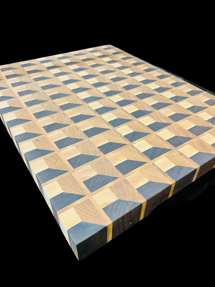 Cutting Board 3D Box Walnut, Cherry & Maple Chopping Block 3D Effect Thick End Grain Medium